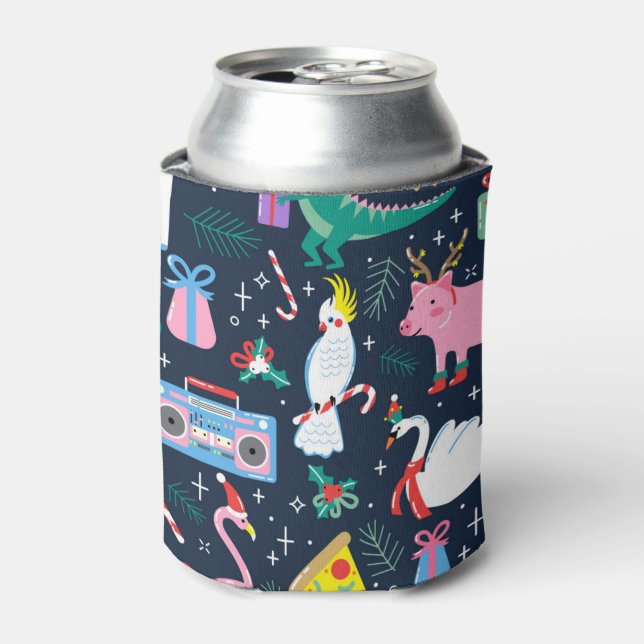 Quirky Holiday Animals and Icons Pattern Can Cooler (Can Front)