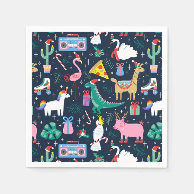 Quirky Holiday Animals and Icons Pattern Napkin (Front)