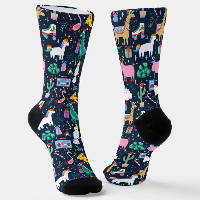 Quirky Holiday Animals and Icons Pattern Socks (Angled)