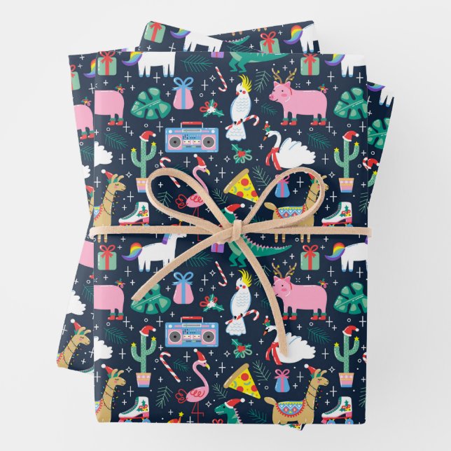 Quirky Holiday Animals and Icons Pattern Wrapping Paper Sheet (In situ)