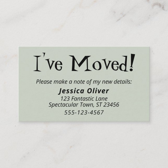 Quirky "I've Moved" Sage Hand-Out Cards (Front)