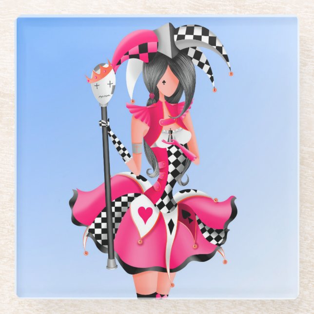 quirky jester and puppet king  glass coaster (Front)
