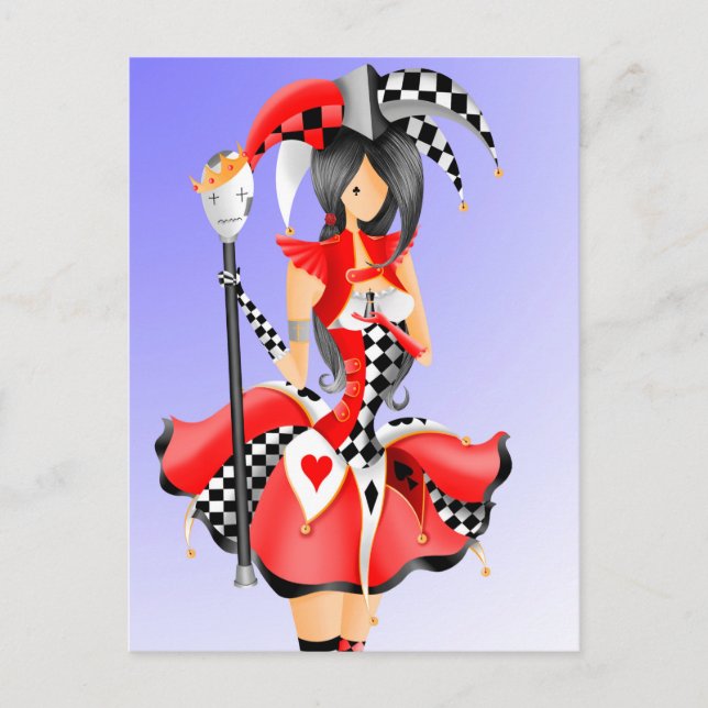 Quirky Jester & Puppet King Red Postcard (Front)