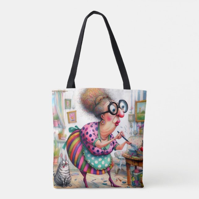 Quirky Lady & Cat Tote Bag (Back)