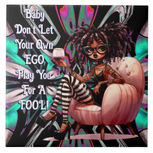 Quirky Lady Tattoos & Wine Ego Ceramic Tile