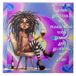 Quirky Lady Tattoos & Wine Light  Tile