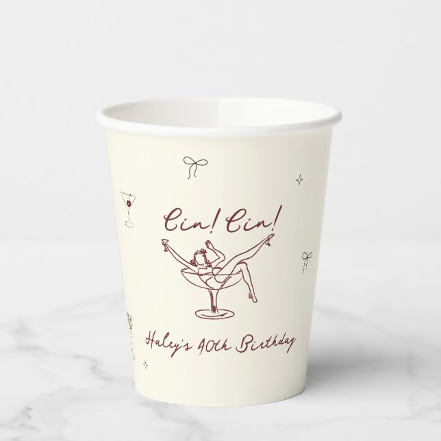 Quirky Maroon Hand Drawn Cin Cin Martini Paper Cups (Left)