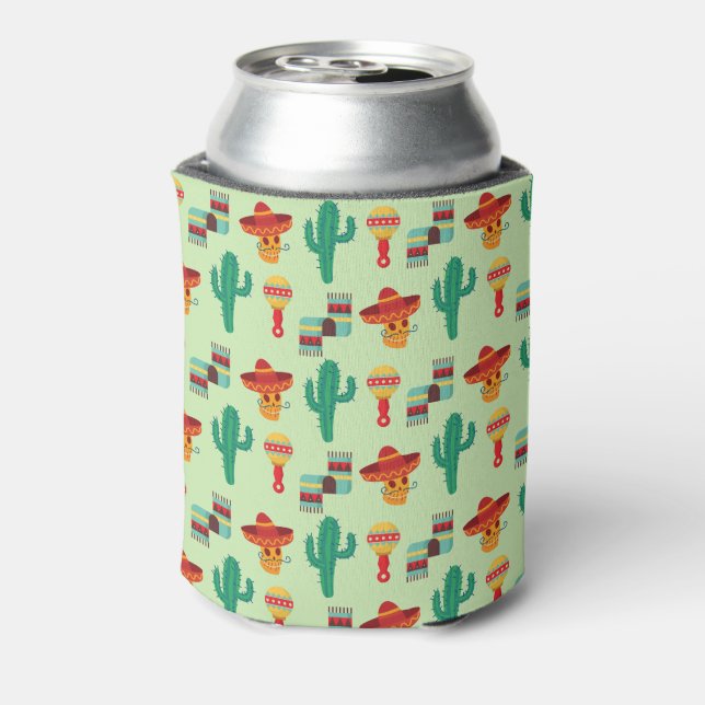 Quirky Mexican Cactus and Sombrero Pattern Can Cooler (Can Back)