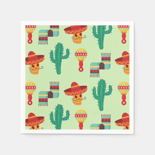 Quirky Mexican Cactus and Sombrero Pattern Napkin (Front)