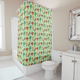 Quirky Mexican Cactus and Sombrero Pattern Shower Curtain