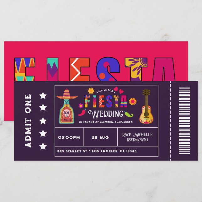 Quirky Mexican Fiesta Ticket-Style Wedding Invitation (Front/Back)