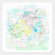 Quirky Northern Ireland map with sayings.