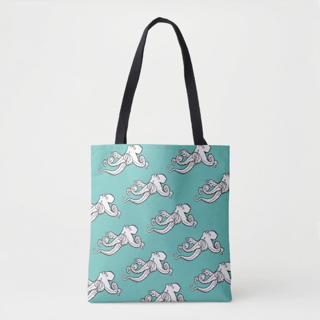 Quirky Octopus Sketches Pattern Teal Tote Bag (Front)