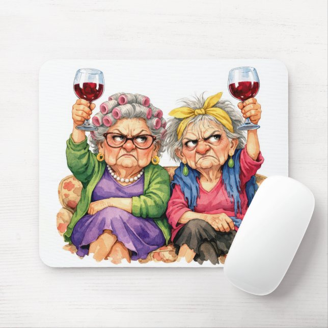 Quirky Old Ladies with Red Wine Mouse Mat (With Mouse)