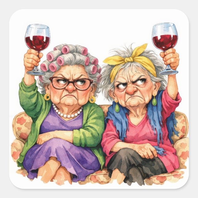 Quirky Old Ladies with Red Wine Square Sticker (Front)