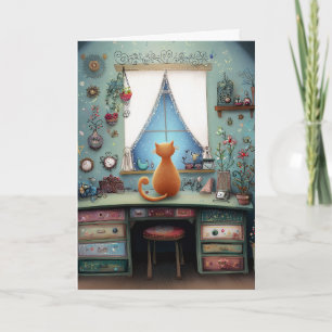 Quirky Orange Cat at a Window Hello Greeting Card