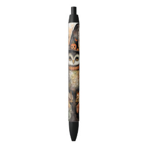 Quirky Owl in a Witch Hat Halloween Writing Black Ink Pen