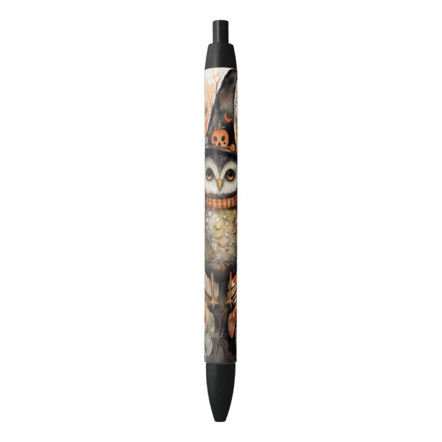 Quirky Owl in a Witch Hat Halloween Writing Black Ink Pen (Front Vertical)