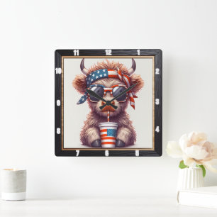 Quirky Patriotic Cow USA  Square Wall Clock