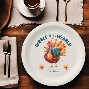 Quirky Peach Watercolor Turkey Thanksgiving Paper Plate