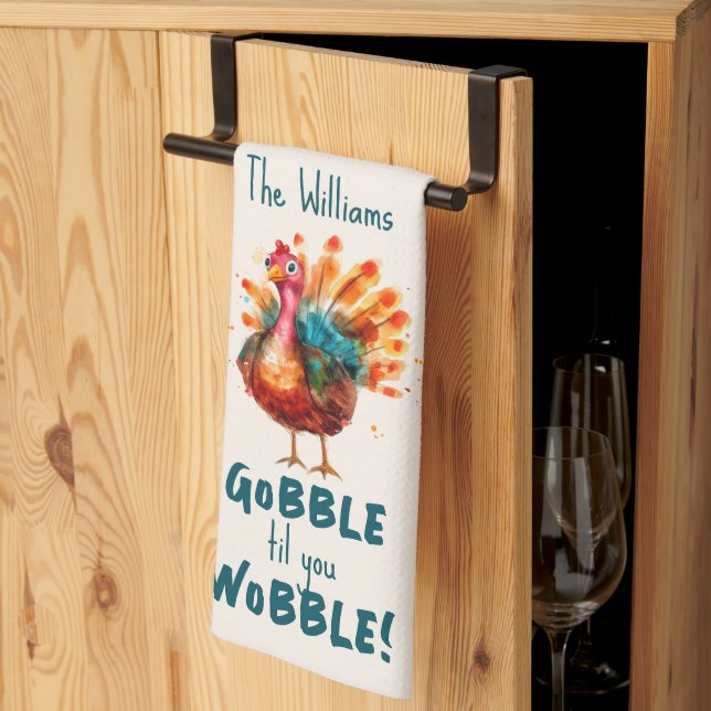 Quirky Peach Watercolor Turkey Thanksgiving Tea Towel (Thirds Fold)