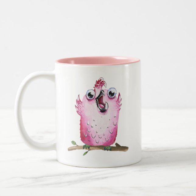 Quirky Pink Chirping Bird Collectable Two-Tone Coffee Mug (Left)