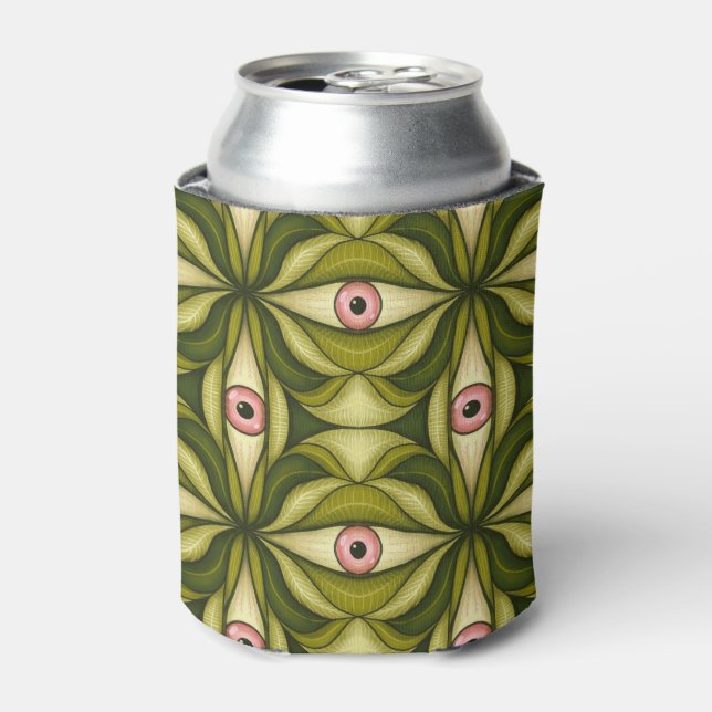 Quirky Pink Eyes And Green Botanicals Pattern Can Cooler (Can Front)
