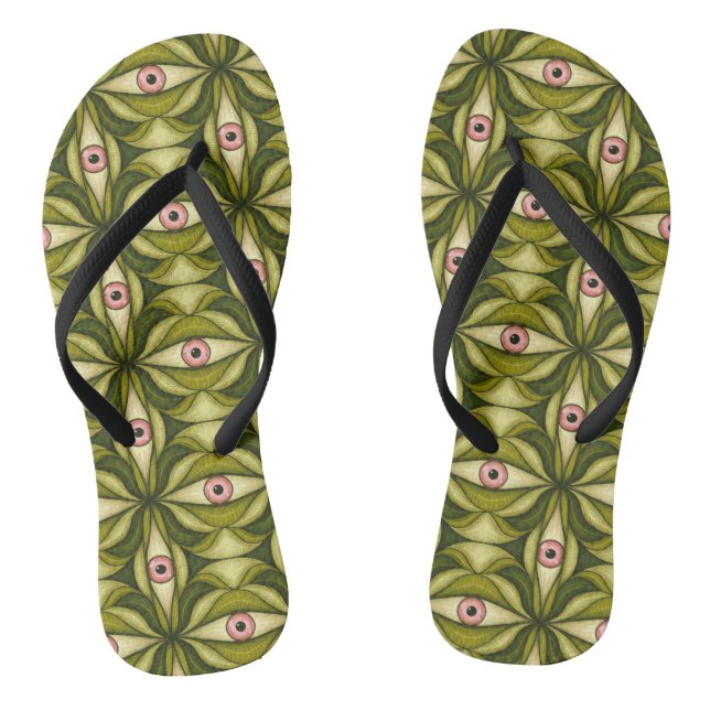 Quirky Pink Eyes And Green Botanicals Pattern Flip Flops (Footbed)