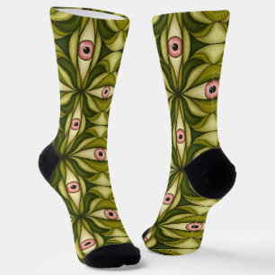 Quirky Pink Eyes And Green Botanicals Pattern Socks