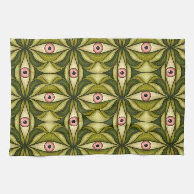 Quirky Pink Eyes And Green Botanicals Pattern Tea Towel (Horizontal)