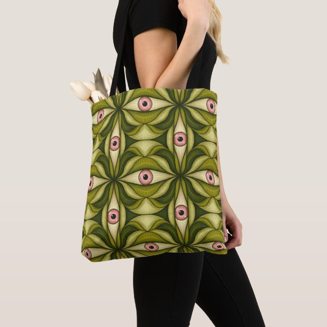 Quirky Pink Eyes And Green Botanicals Pattern Tote Bag (Close Up)