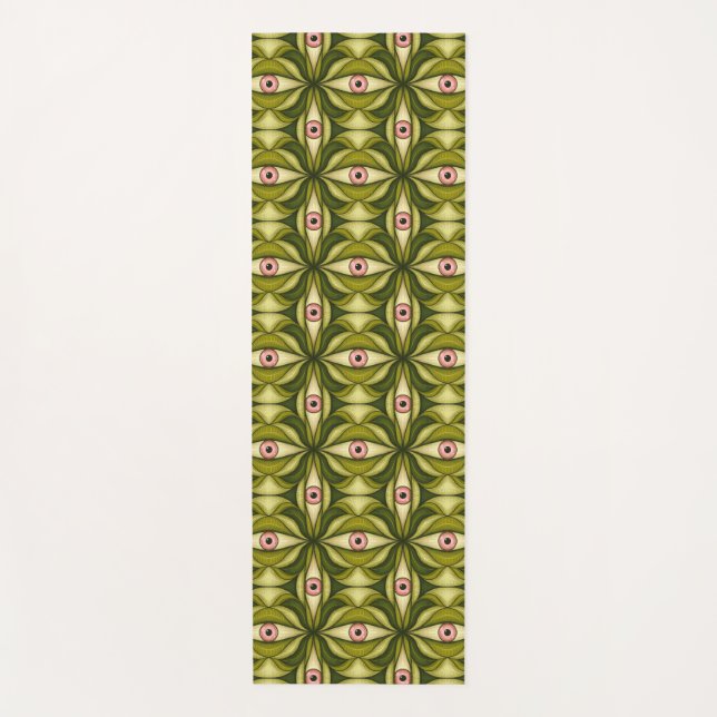 Quirky Pink Eyes And Green Botanicals Pattern Yoga Mat (Front)