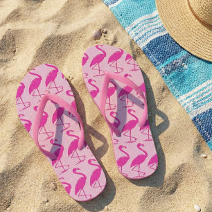 Quirky Pink Flamingos Pattern on Pink Flip Flops