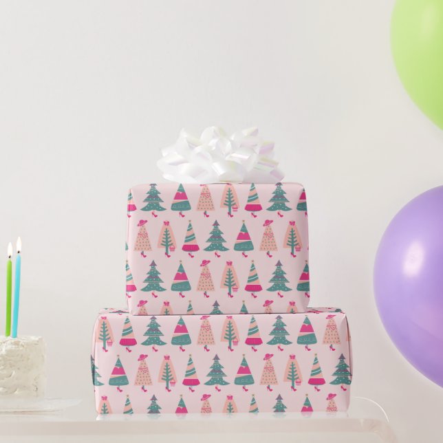 Quirky Pink Girly Christmas Trees Wrapping Paper (Party Gifts)