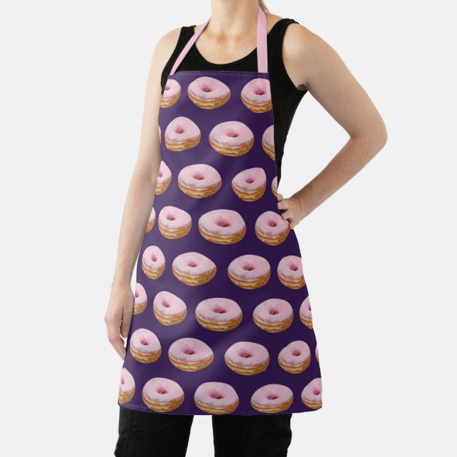 Quirky Pink Glazed Doughnuts Pattern Purple Apron (Insitu)