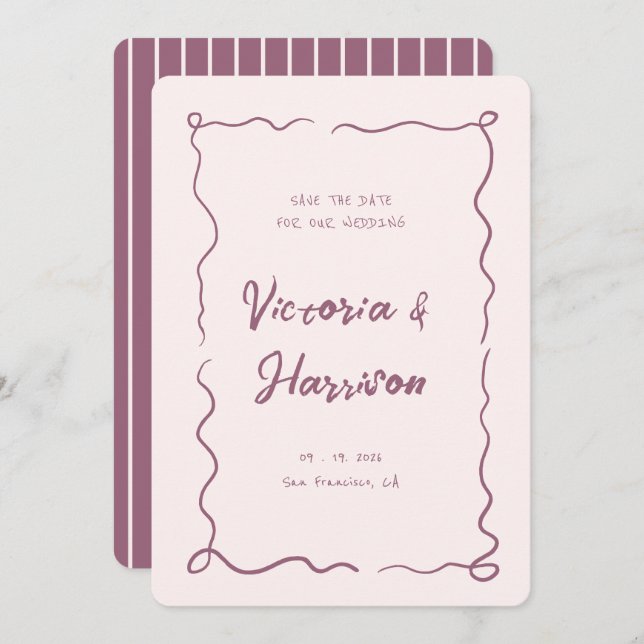 Quirky Pink Hand Drawn Wavy Squiggle Border  Save The Date (Front/Back)