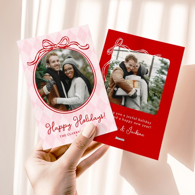 Quirky Pink & Red Whimsical Bow Happy Holidays Holiday Card (Creator Uploaded)