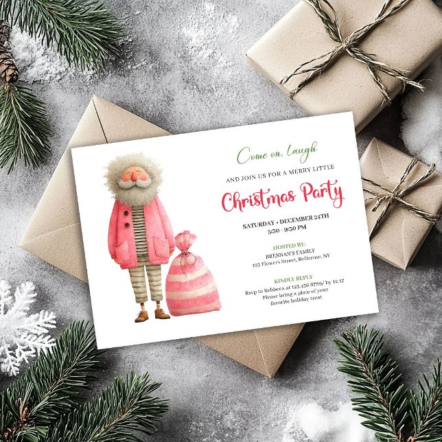 Quirky pink santa minimalist Christmas party  Invitation (Quirky pink santa minimalist Christmas party invitation card

)