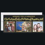 Quirky Politically Correct 3 Photo Black & Gold Holiday Card<br><div class="desc">This funny politically correct holiday card covers all of the bases. The greeting reads "Wishing you a Fabulous ChristmaSolsticHanukKwanzaa!" - blending the words Christmas Solstice, Hanukkah and Kwanzaa into one long word. The text is written a whimsical gold font with a black background, and there is space to upload three...</div>