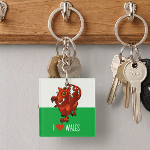 Quirky Red Dragon I Love Wales Welsh Flag Cartoon Key Ring