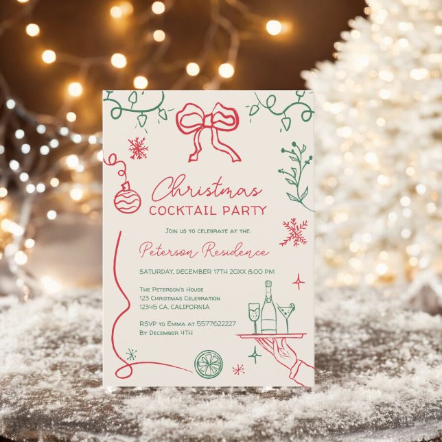 Quirky red green illustration Christmas Cocktail Invitation (Quirky red green illustration Christmas Cocktail Invitation)