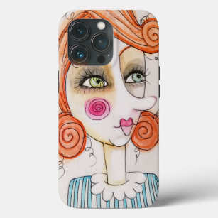 Quirky Red Hair Girl Art Illustration Blue Stripes Case-Mate iPhone Case