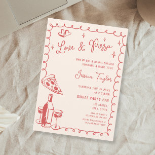 Quirky Red Hand Drawn Bridal Brunch Love & Pizza Invitation