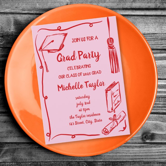 Quirky Red Pink Unique Hand Drawn Grad Party Invitation (pink and red doodle grad party invitation with wavy frame, grad hat, diploma and book)
