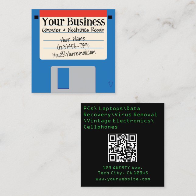 Quirky Retro Floppy Disc Computer Repair Square Business Card (Front/Back)