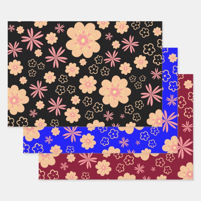 Quirky Retro Floral Pattern Wrapping Paper Sheet (Set)