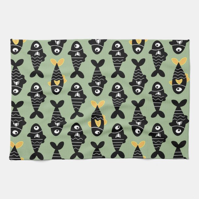 Quirky Seamless Black Fish Pattern Kitchen Towels (Horizontal)