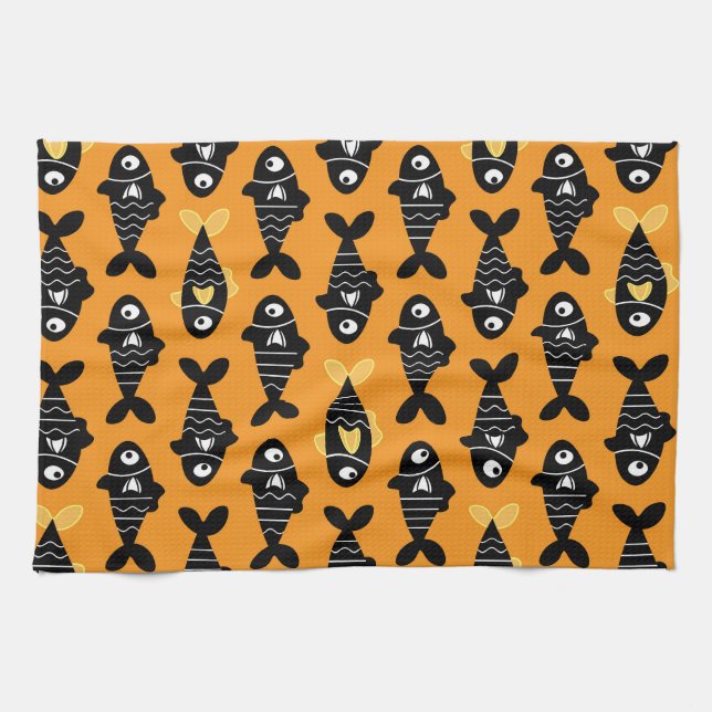 Quirky Seamless Black Fish Pattern Kitchen Towels (Horizontal)