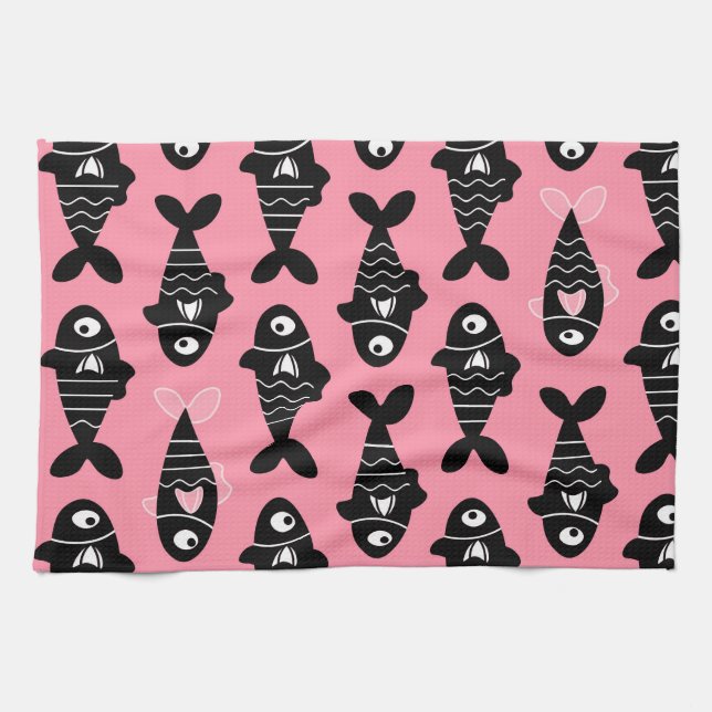 Quirky Seamless Black Fish Pattern Kitchen Towels (Horizontal)
