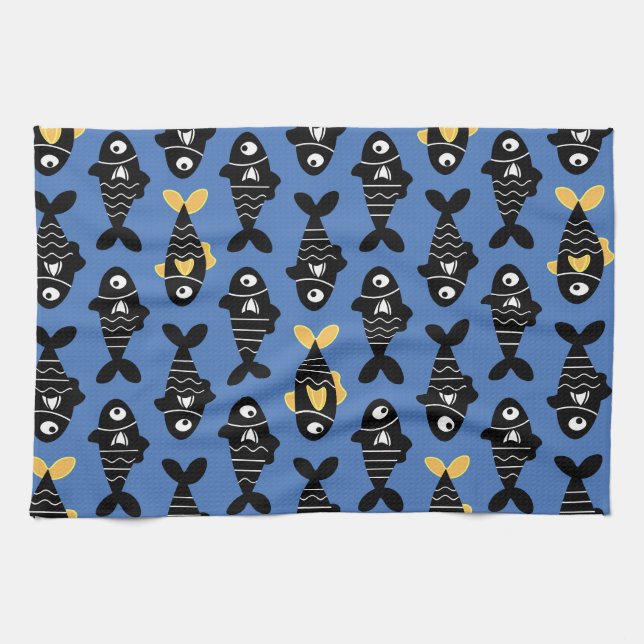 Quirky Seamless Black Fish Pattern Kitchen Towels (Horizontal)